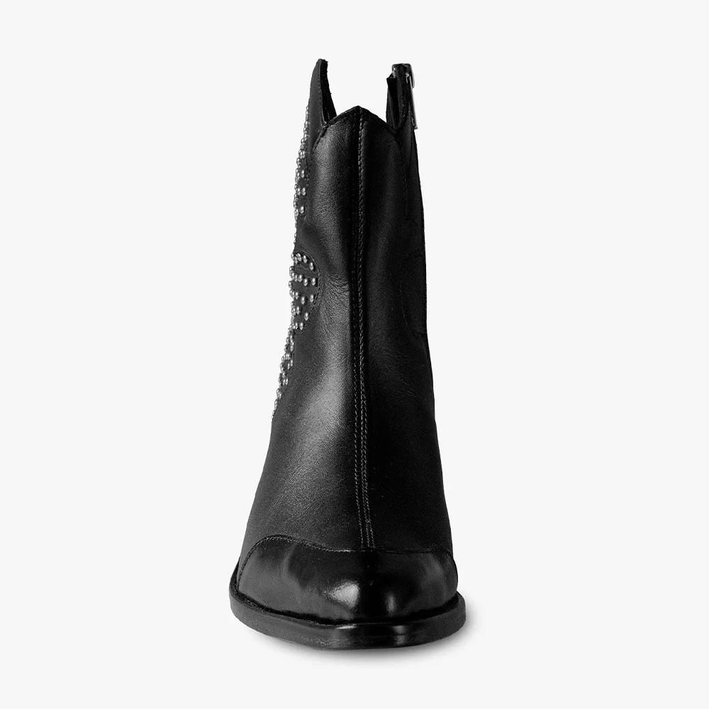 Black Studded Snip Toe Block Heel Zipper Ankle Cowgirl Boots for Women