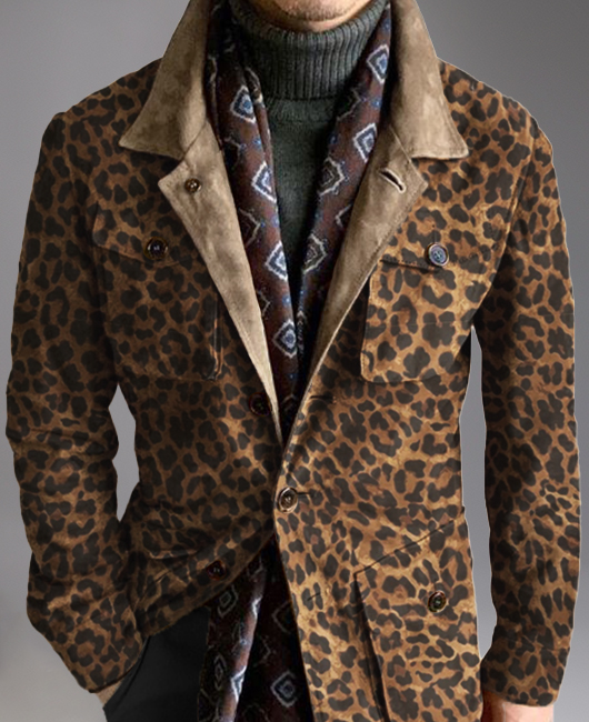 Okaywear Suede Leopard Print Lapel Collar Button Safari Jacket