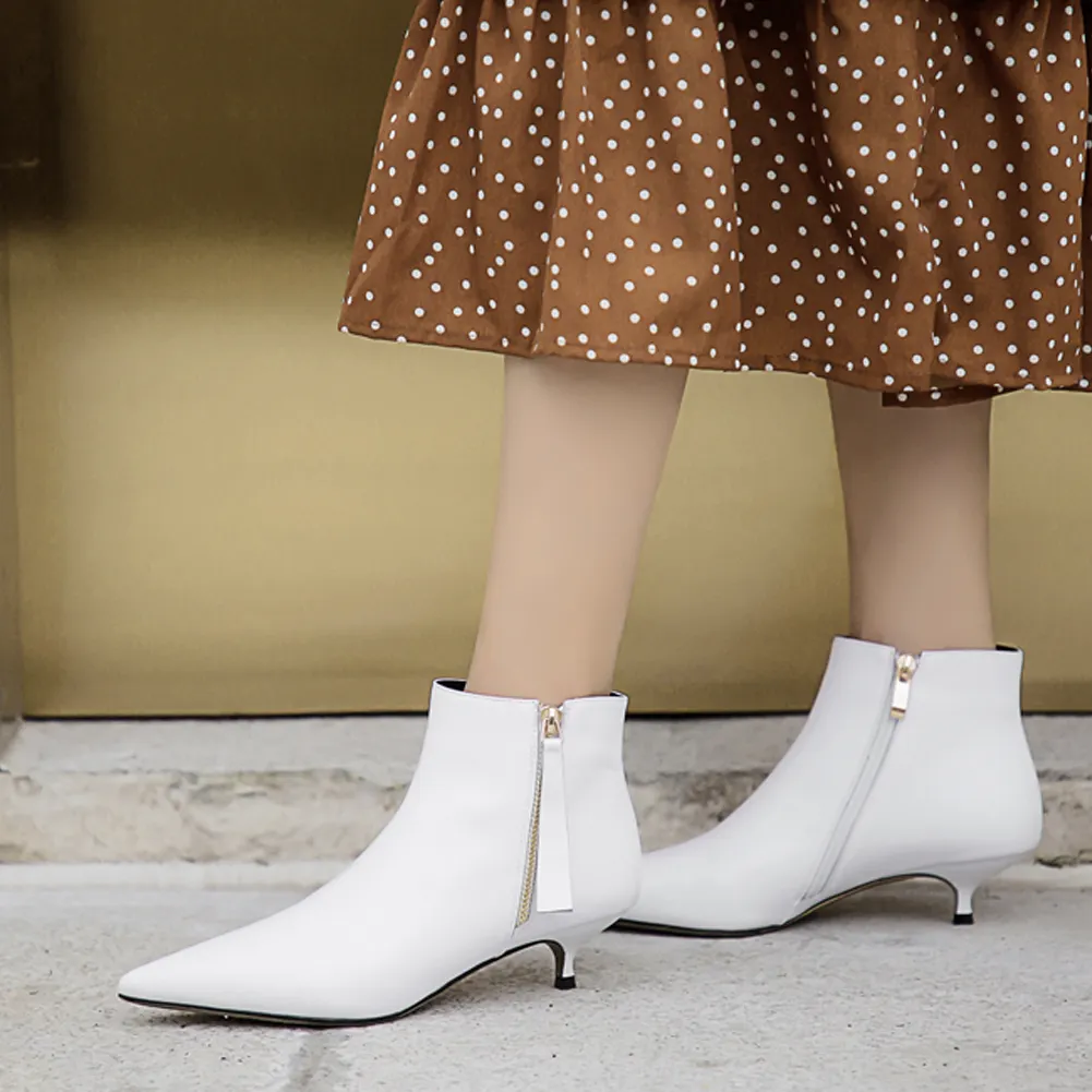 4cm Zipper Leather Kitten Heels Ankle Boots White-vocosishoes