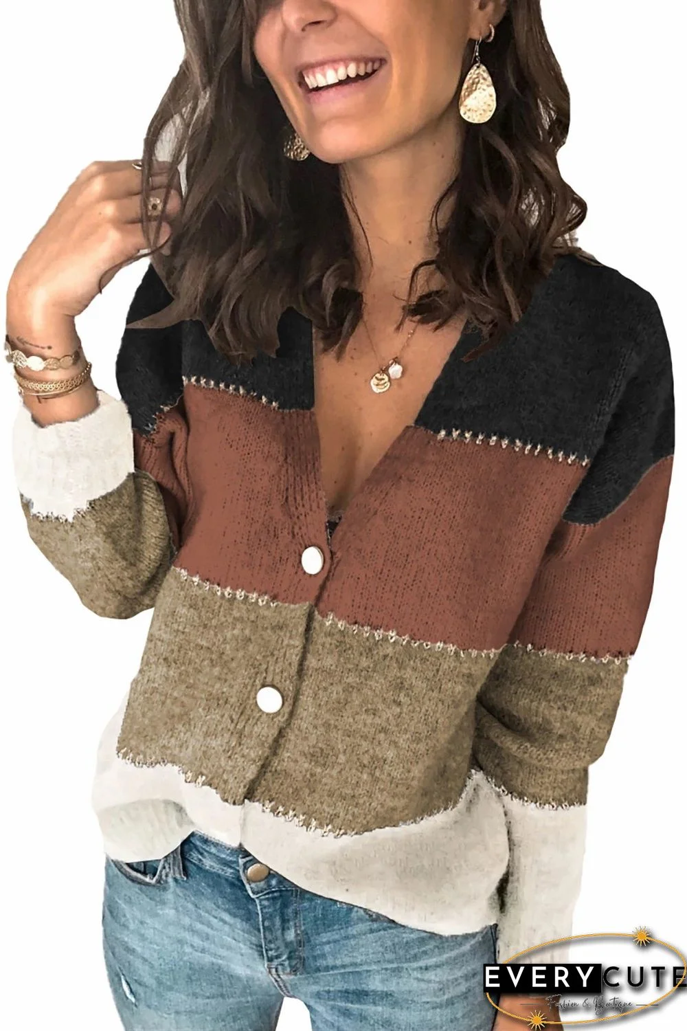Multicolor V Neck Buttoned Closure Colorblock Sweater Cardigan