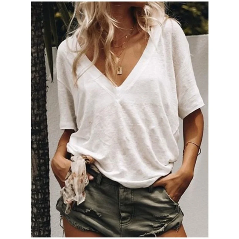 Women's Shirt Solid V-Neck Basic Casual Top