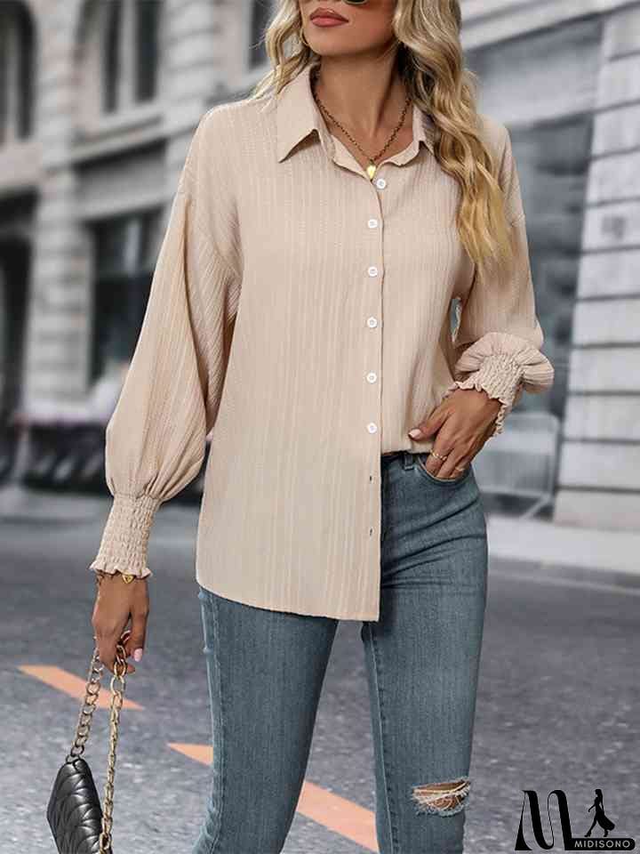 MidiSono - Collared Neck Long Sleeve Button-Up Blouse