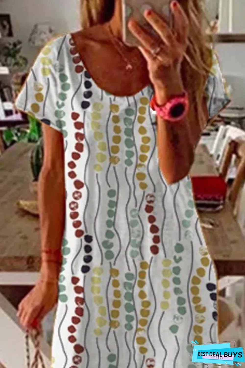 Graphic Print Crew Neck Casual Slit Midi Dress