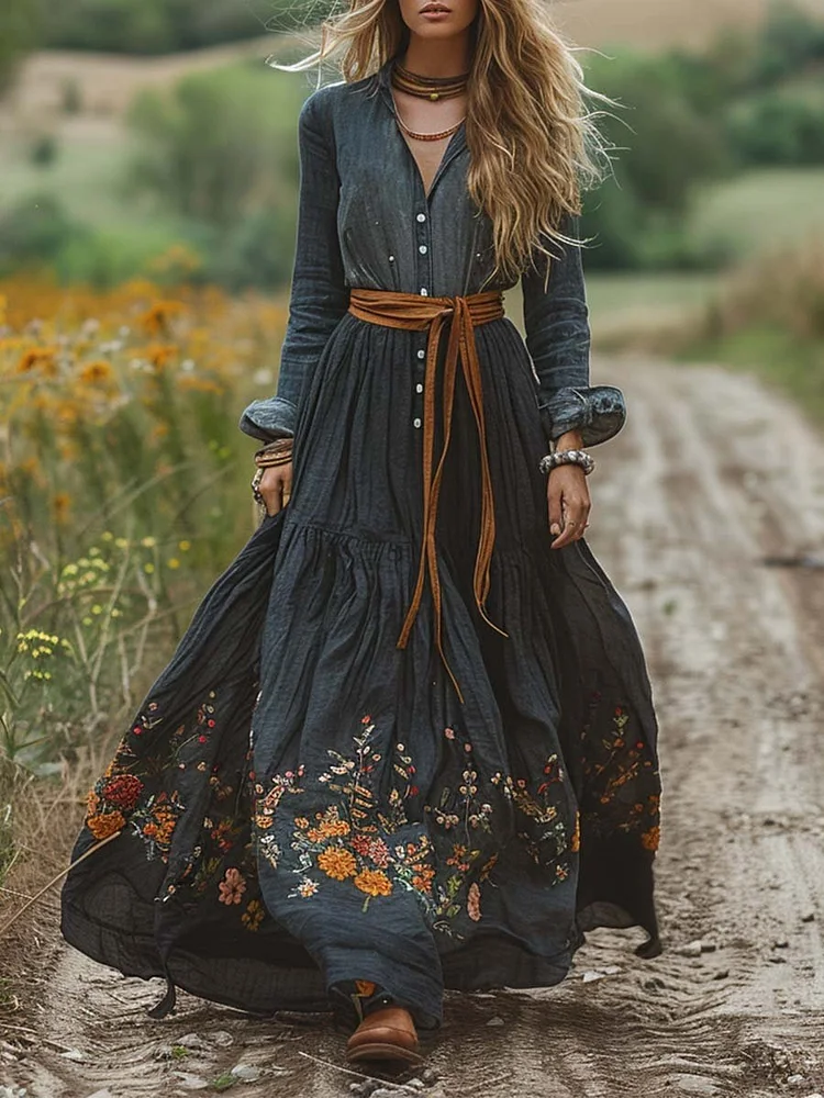 Women's Vintage Shirt Collar Long Sleeve Dress Positioned Print Pocket A-Line Dress