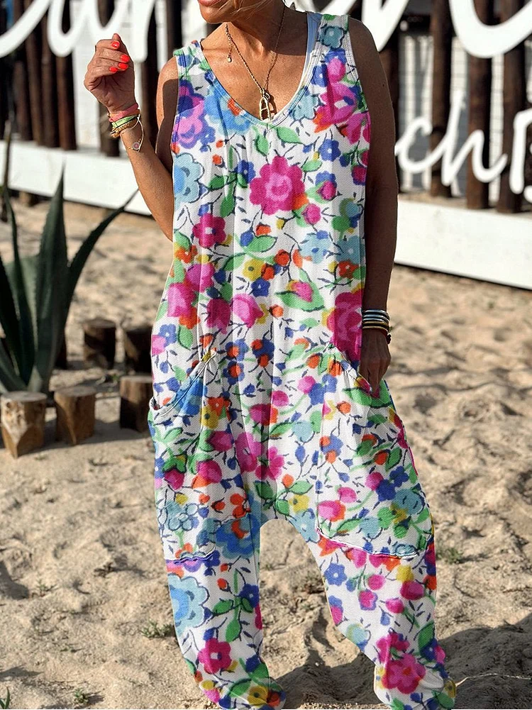 Floral Pattern Hippie Art Print Casual 100% Cotton Wide Leg Jumpsuit