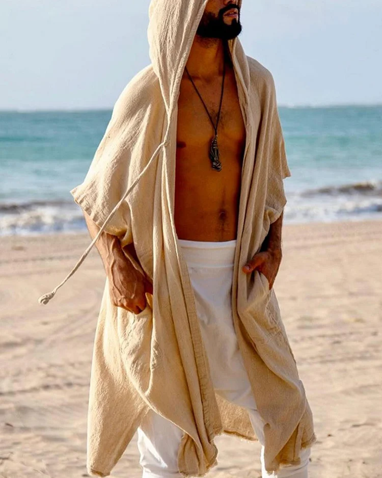 Men's Casual Loose Cotton and Linen Short-Sleeved Hooded Cardigan