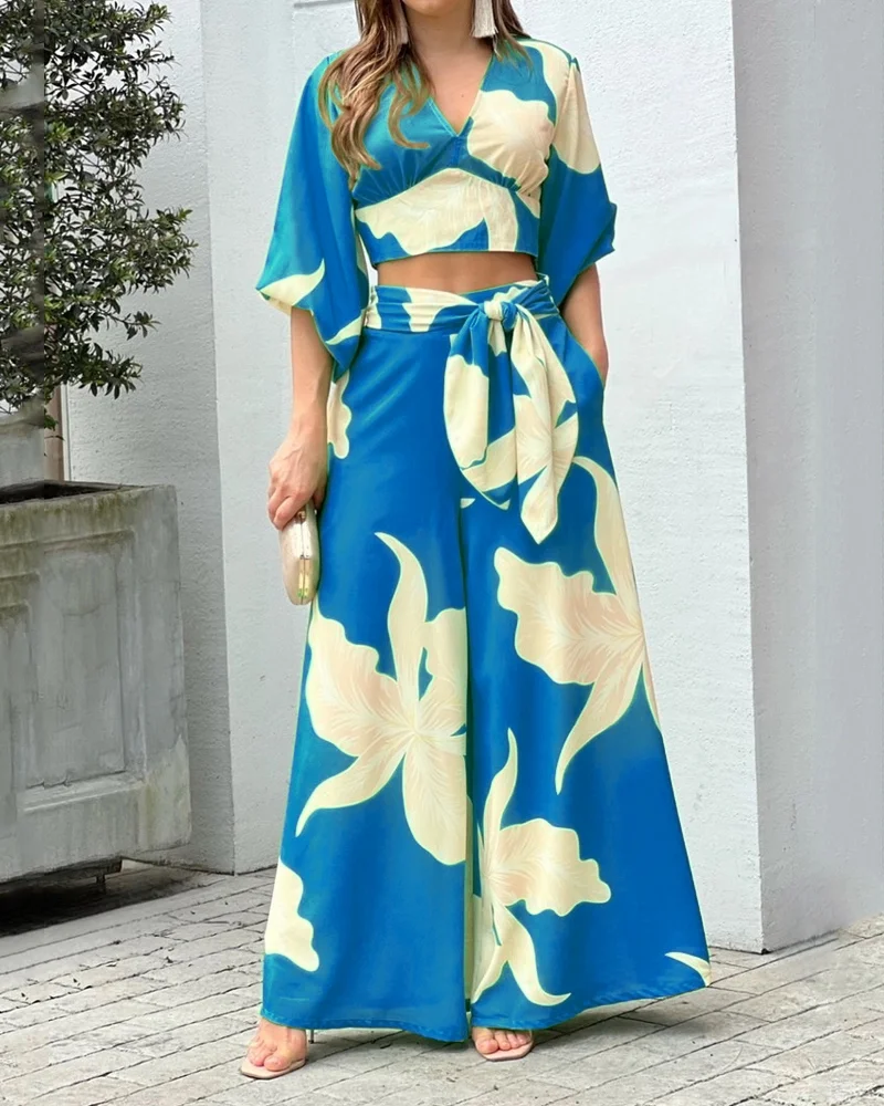 2 Piece Outfits Long Sleeve Shirt Top & Wide Leg Pants
