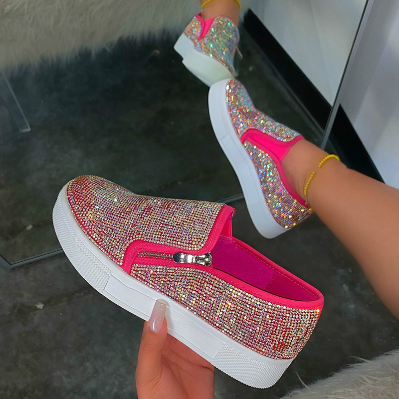 Daily Black Side Zipper Rhinestone Thick Bottom Shoes