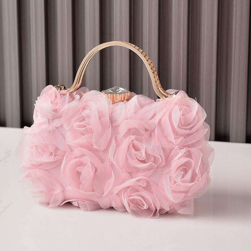 Evening Pink Tulle Rosette Metallic Clasp Handbag 2024 - Flycurvy 