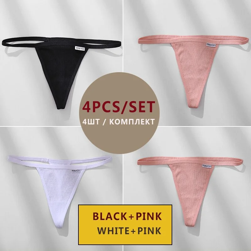 FINETOO 4PCS/Set Cotton Women Panties Woman Thong G-string Underwear Pantys Sexy Low Waist Underpant For Ladies Lingerie Female