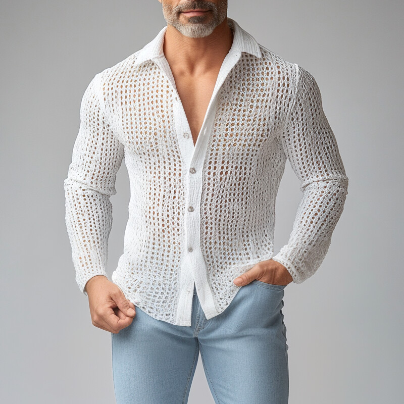 Men's Turndown Collar Long Sleeve Button Hollow Out Crochet Knit Shirt