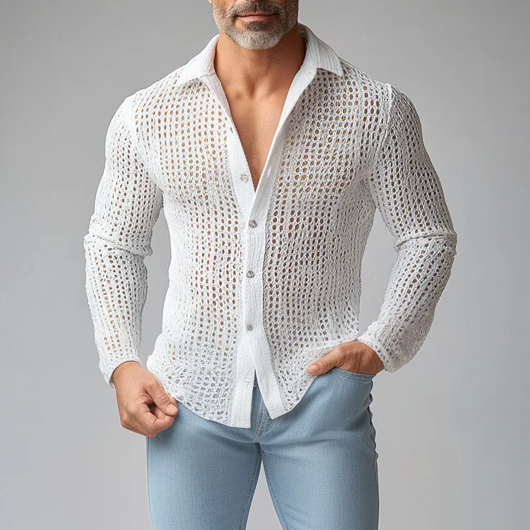 Men's Turndown Collar Long Sleeve Button Hollow Out Crochet Knit Shirt