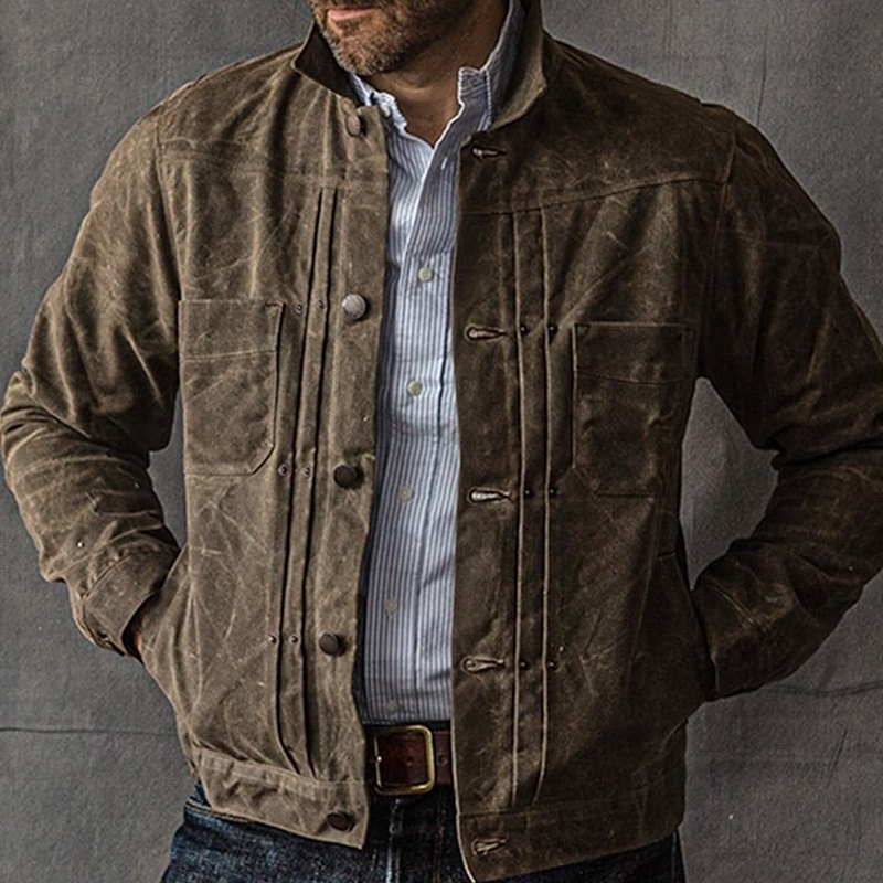 Men's Washed Distressed Canvas Single-Breasted Jacket