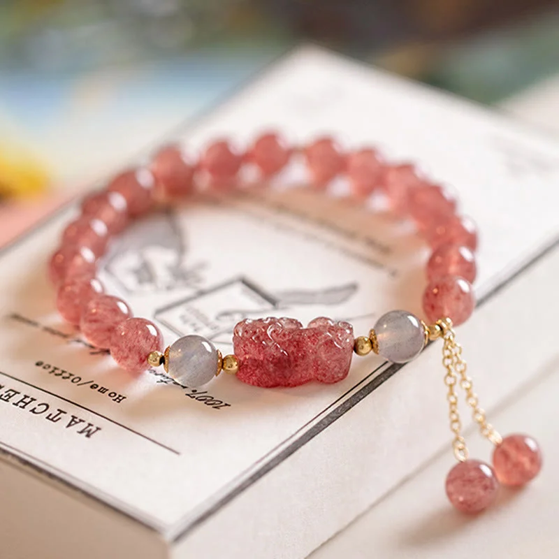 Natural Strawberry Quartz Moonstone PiXiu Love Healing Bracelet