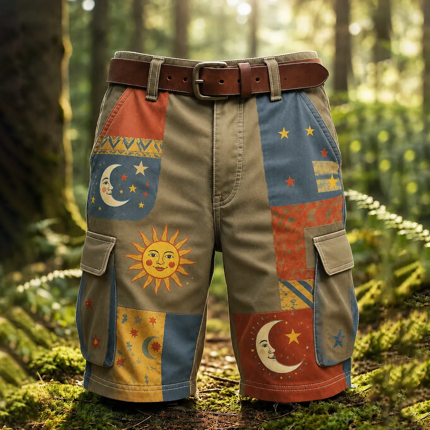 Men's Patchwork Sun Moon Star Boho Art Print Denim-like Cargo Shorts（no Belt）  artssus