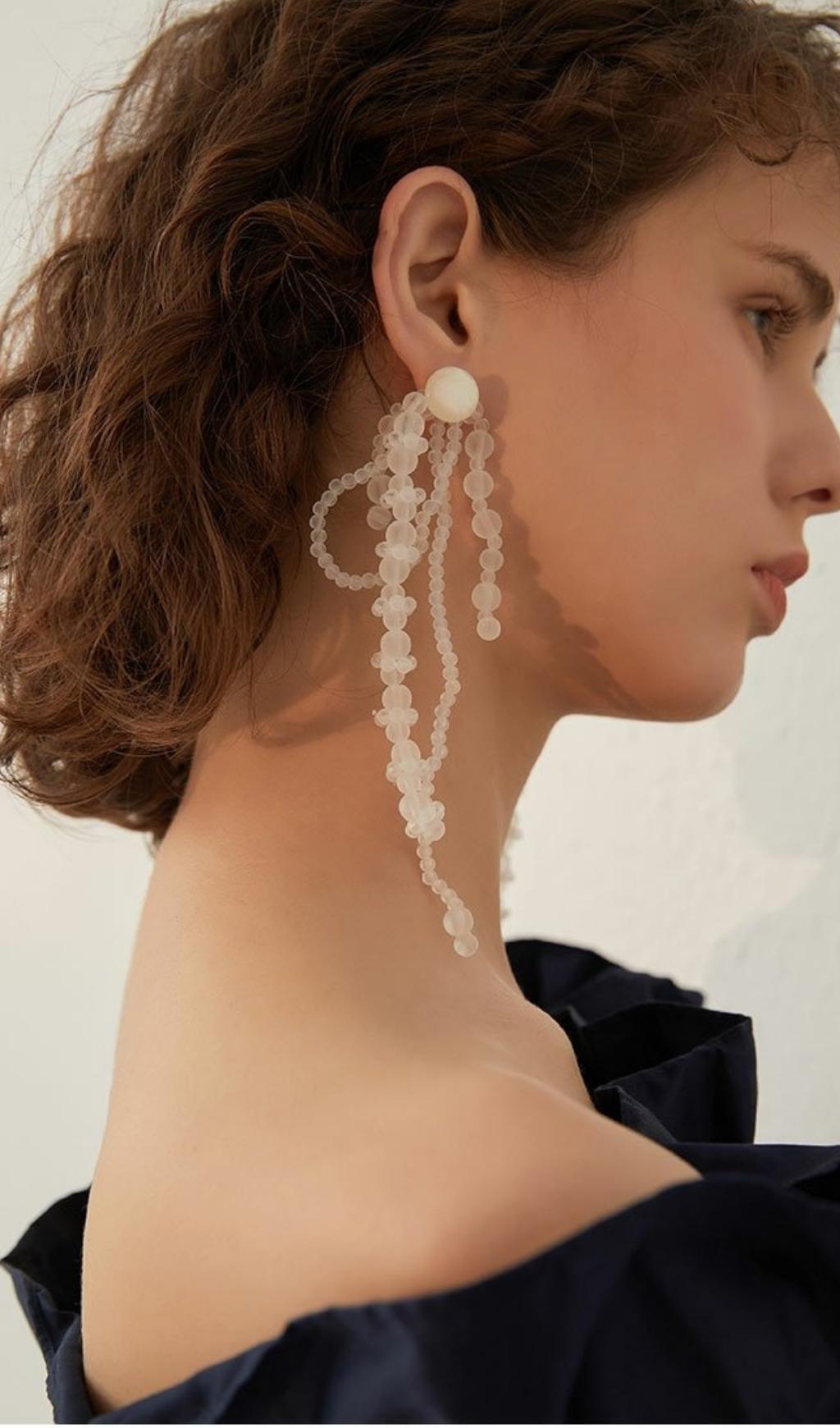 Amira White Pearl Acrylic Tassel Earrings