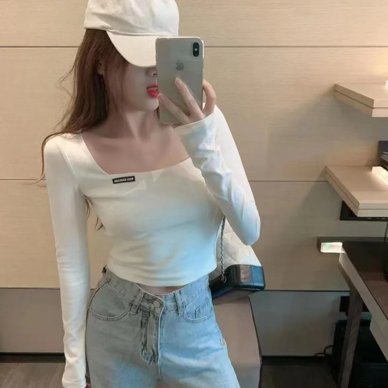 Brownm Brownm Square Collar Embroidered Long-Sleeved T-Shirt Women's Fall 2024 Versatile Slim Short Crop Bottom Shirt Slim Top
