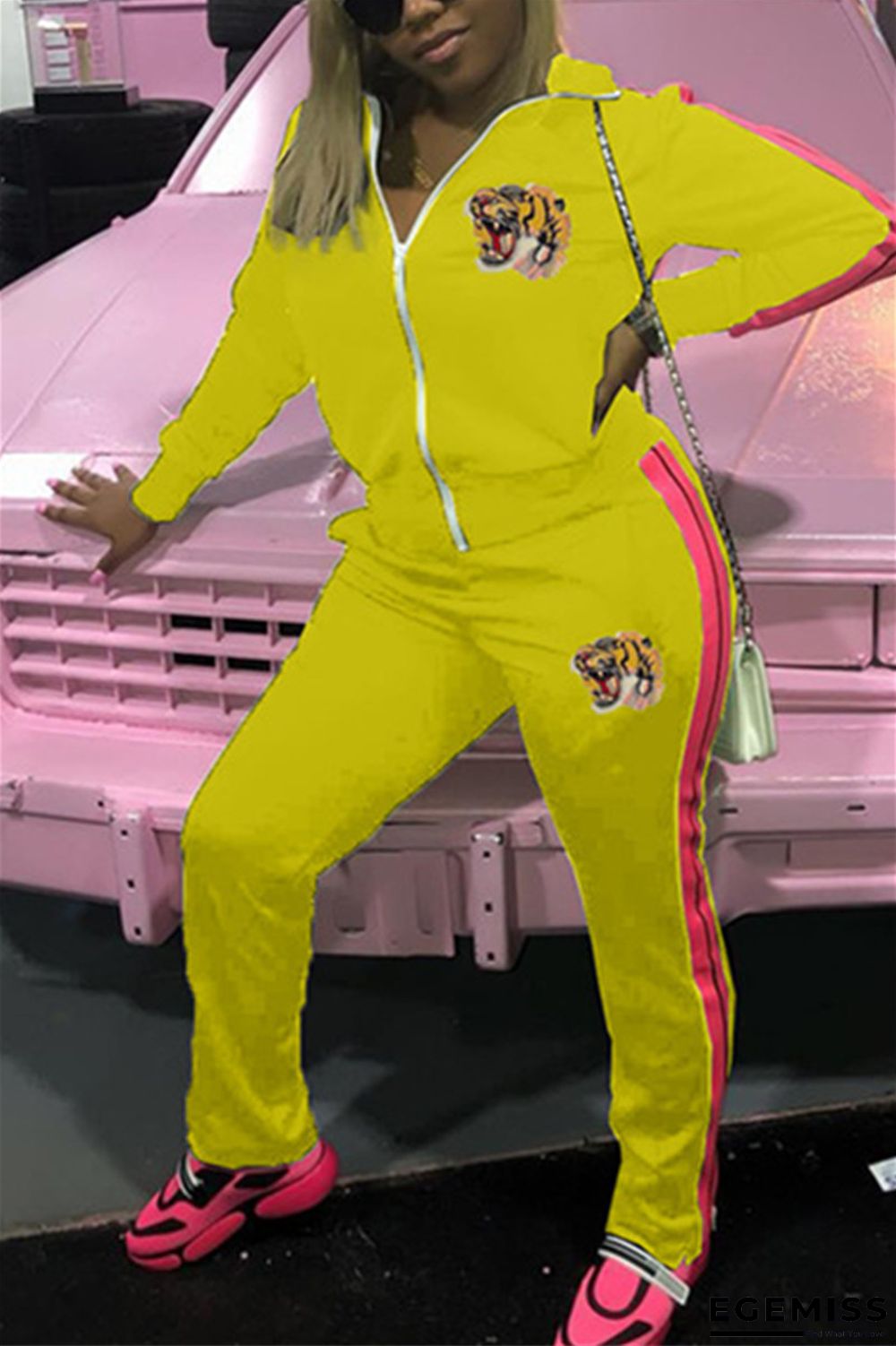 Yellow Casual Two Piece Suits Animal Prints Embroidery Straight Long Sleeve | EGEMISS