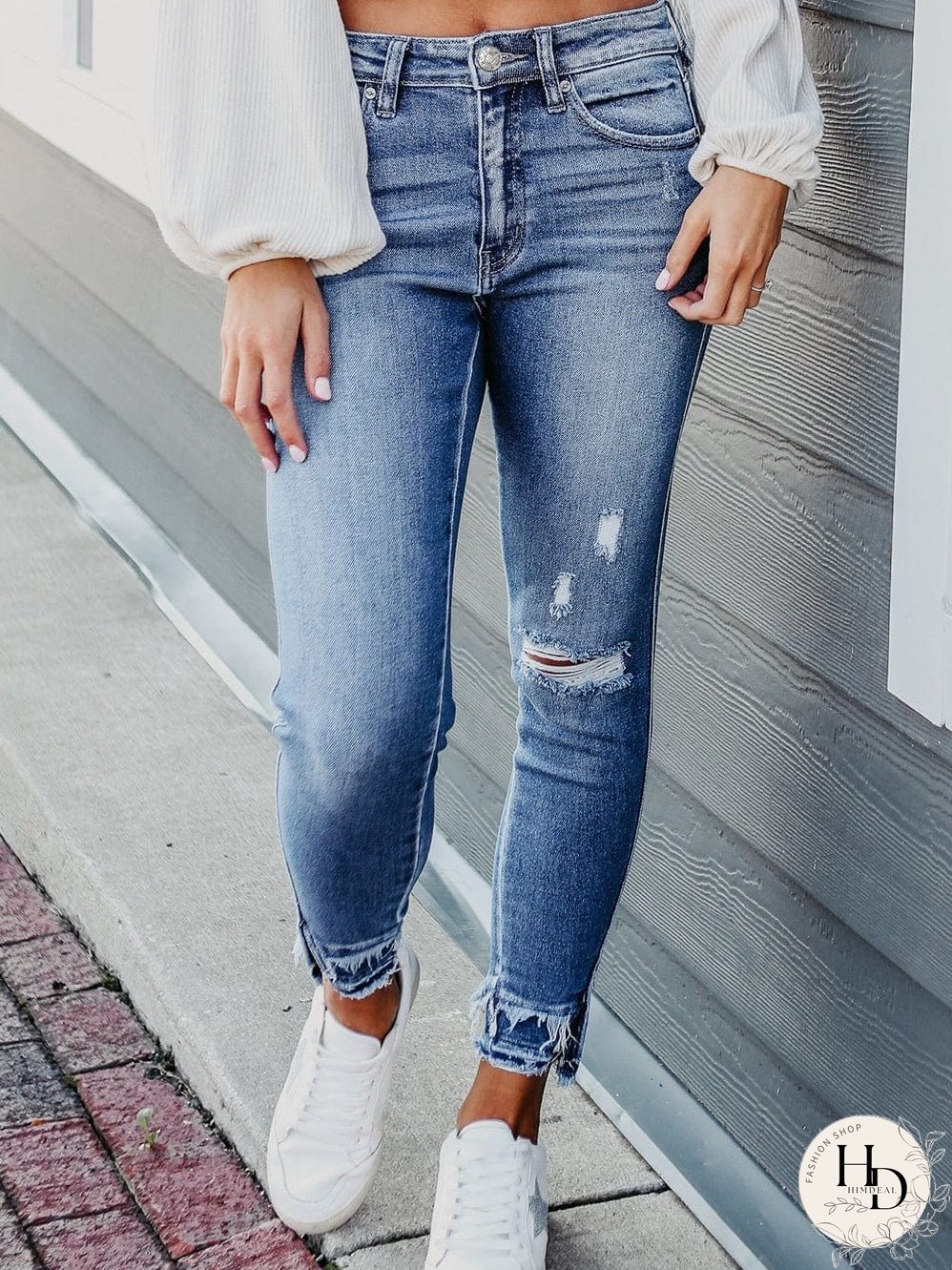 Blue Raw Hem Straight Jeans with Leopard Print Patchwork Detail and Ripped Holes - Women's Denim Clothing