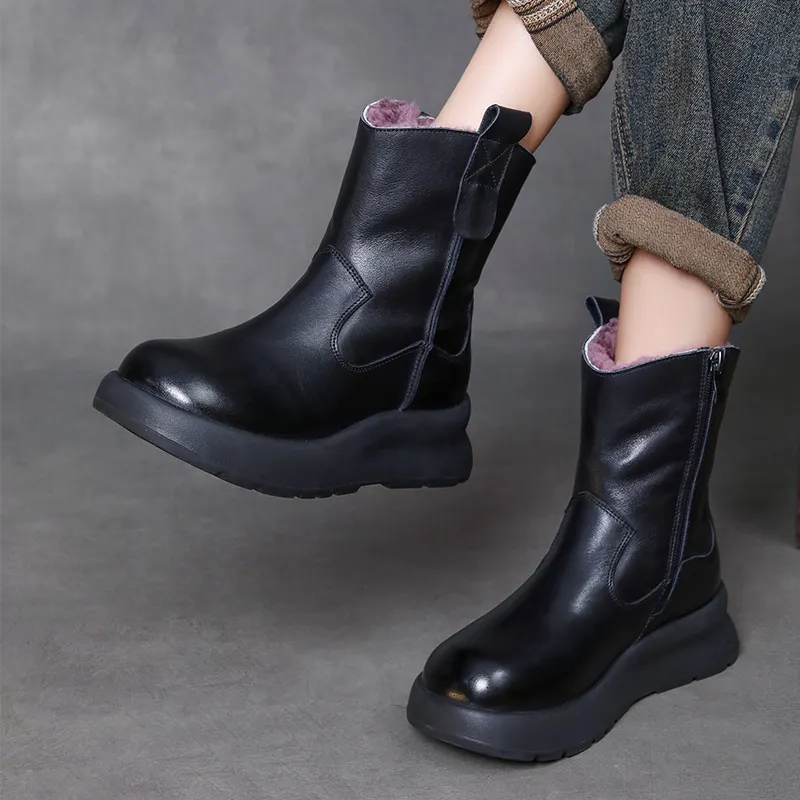 Yyvonne Cow Skin Retro Thick-Bottomed Boots Children Winter New Wool Short Boots Warm And Velvet Snow Boots