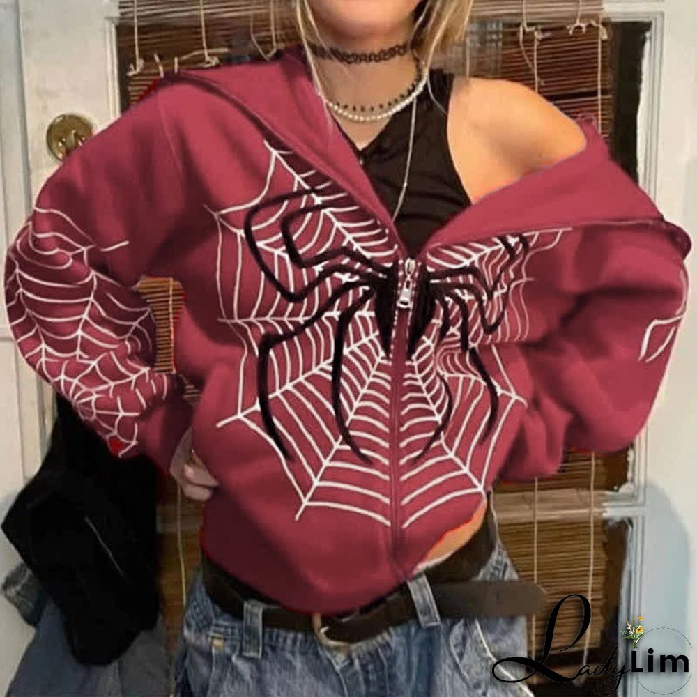 Dark Spider Web Print Full Zip Hooded Sweatshirt