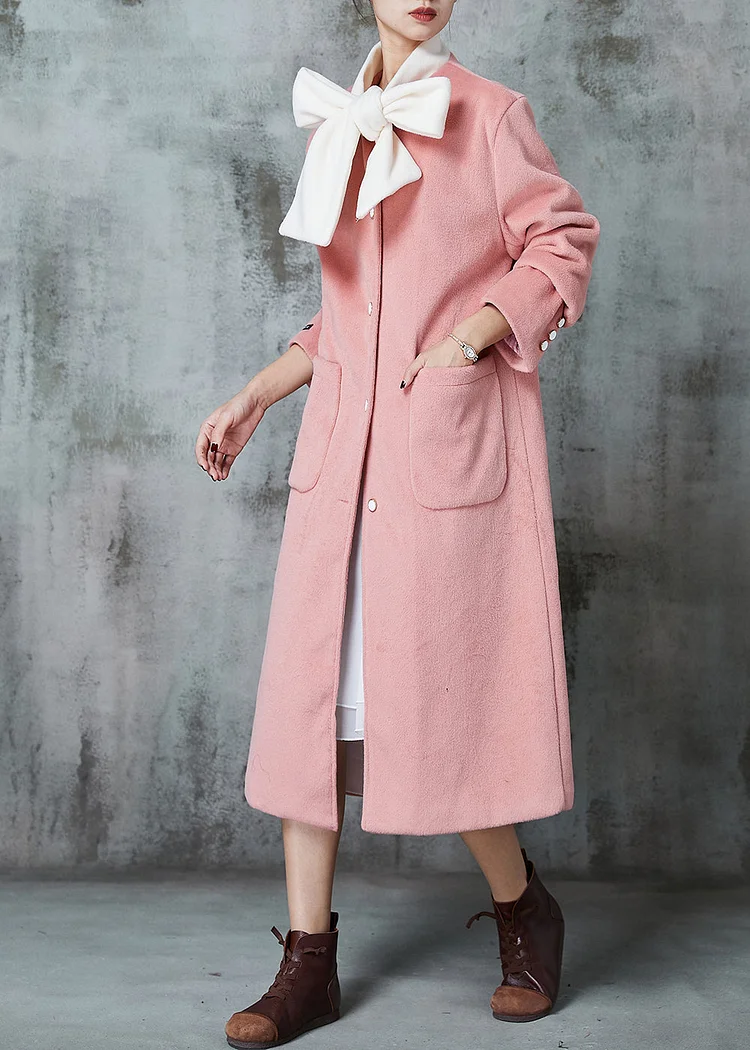 Fitted Pink Oversized Patchwork Bow Woolen Coat Spring