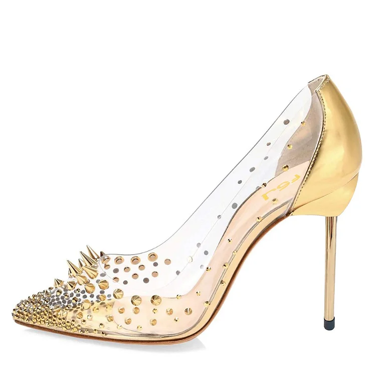 Gold Rivets and Rhinestone Clear Heels Pointed Toe Pumps Shoes |FSJ Shoes