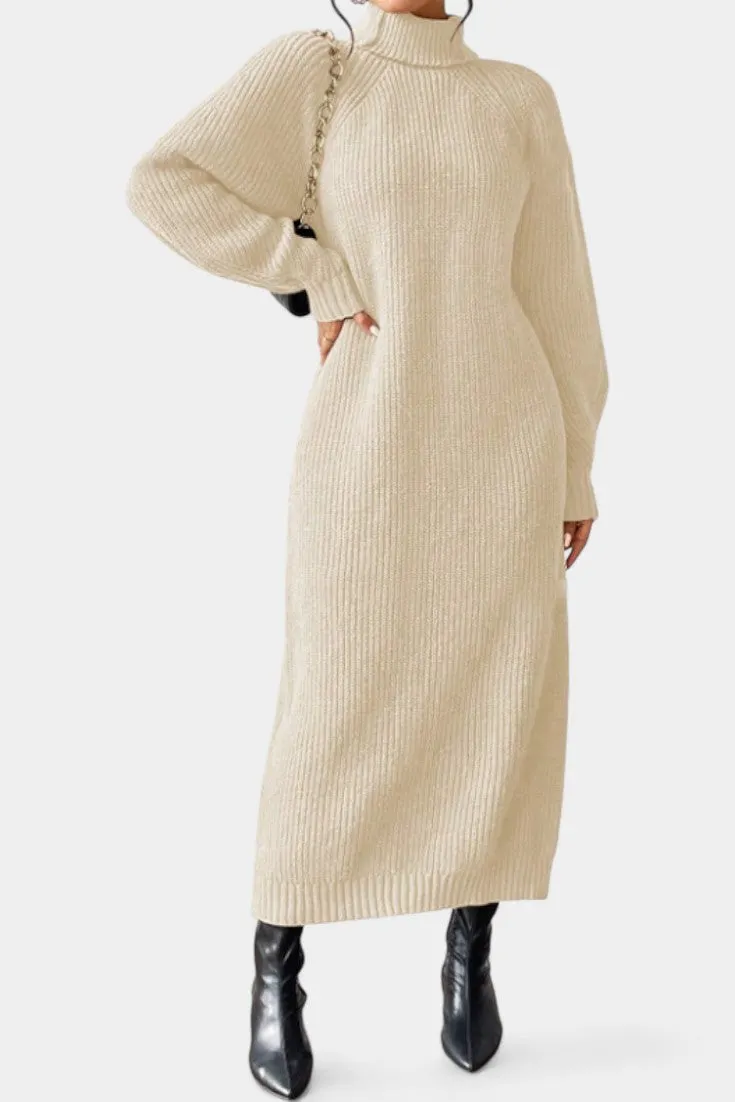 High Neck Ribbed Knit Midi Dress with Pockets
