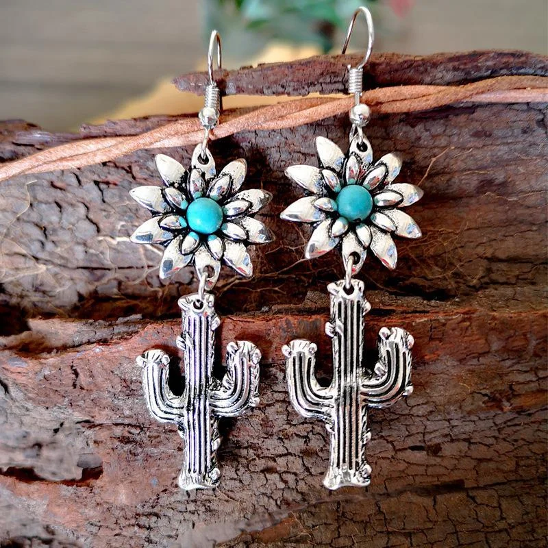 Retro sunflower&cactus pattern women earings