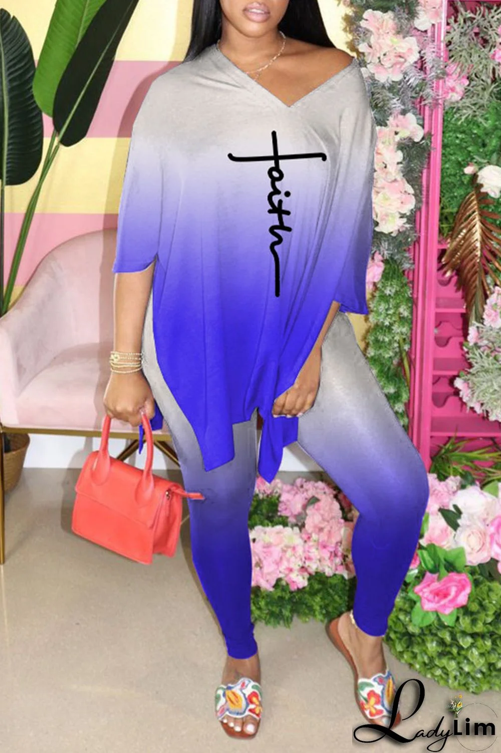 Black Casual Gradual Change Print Patchwork Slit V Neck Half Sleeve Two Pieces