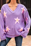 Women's Brushed Star Graphic V Neck Drop Shoulder Oversize Purple Sweater