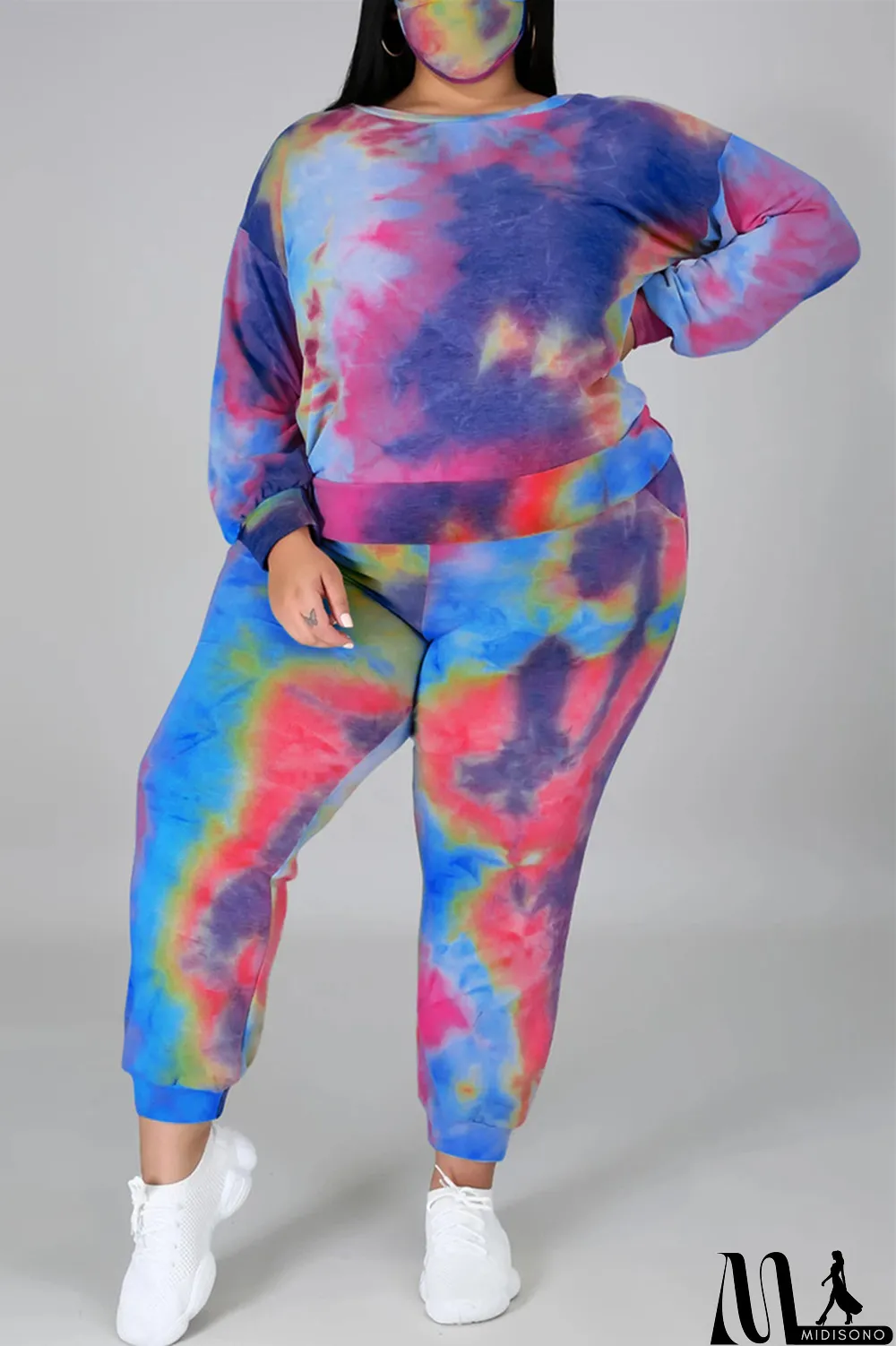 MidiSono - Multicolor Fashion Casual Print Tie Dye Backless O Neck Plus Size Two Pieces