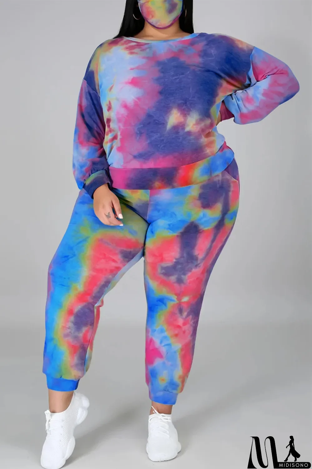 MidiSono - Multicolor Fashion Casual Print Tie Dye Backless O Neck Plus Size Two Pieces