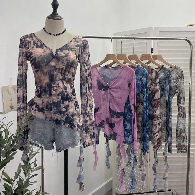 Churchf Dizziness Printing Mesh T-Shirt T-Shirt Irregular Lotus Leaf Side Ribbon Short Coat 9927