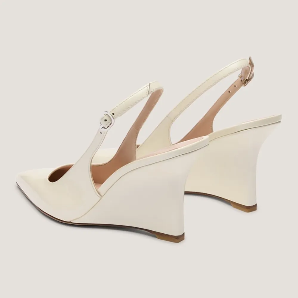 Ivory Patent Leather Pointed Toe Slingback Wedge Heel Pumps for Women