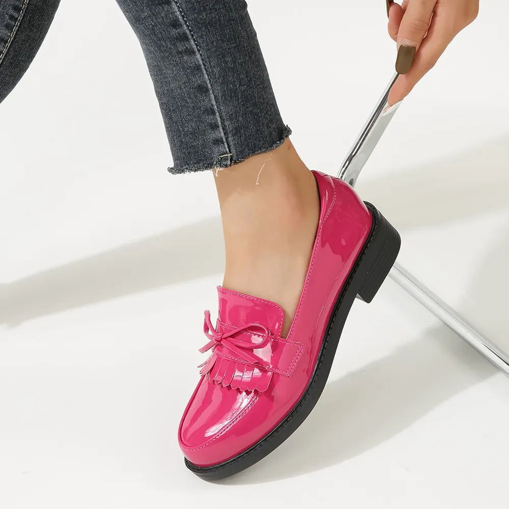 Pink Patent Leather Closed Toe Bow Loafers With Chunky Heels