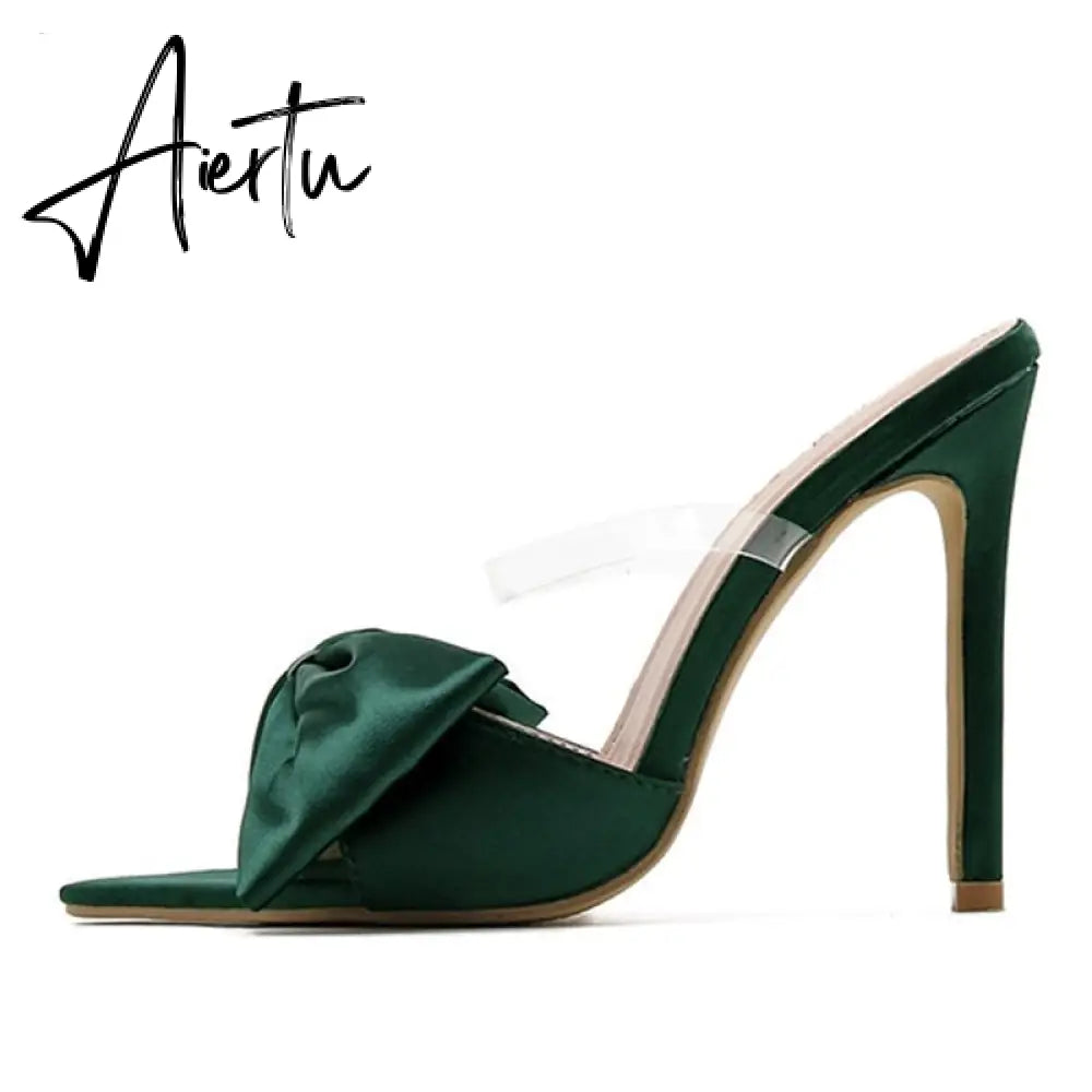Aiertu  2022 Silk Butterfly-knot Women slippers Mule high heels Slippers Sandals flip flops Pointed toe Strappy Slides Party shoes Aiertu