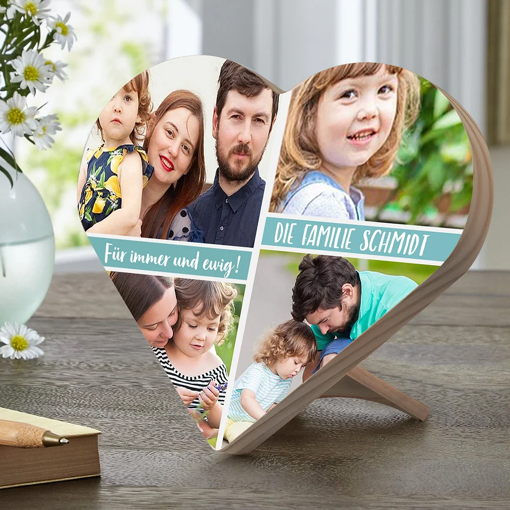 Personalisiertes 4 Fotos & Text Holz Herzornament-Familie Schreibtischdekoration t1-m4 Kettenmachen