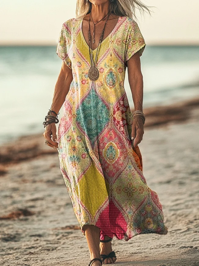 Women's Vintage Ethnic Floral Art Print Short Sleeve Pocket Cotton Linen Dress