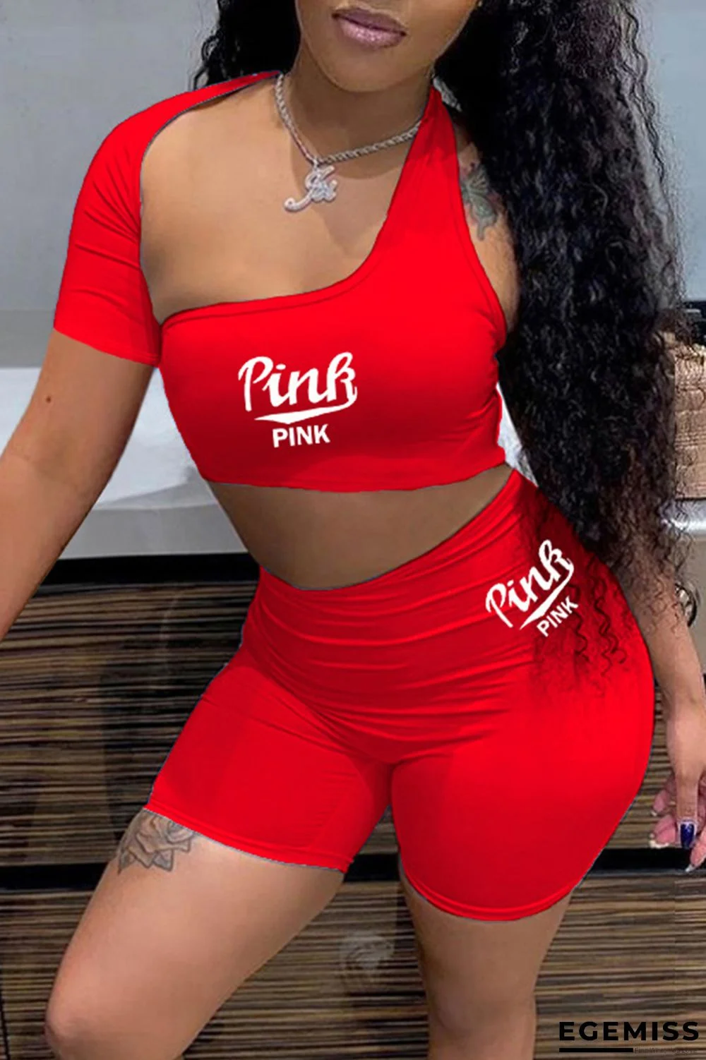 Red Fashion Sexy Casual Letter Print Asymmetrical One Shoulder Short Sleeve Two Pieces | EGEMISS