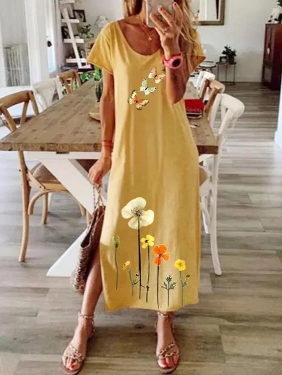 Women's Long Dress Maxi Dress Casual Dress Swing Dress Summer Dress Print Fashion Streetwear Outdoor Daily Vacation Split Print Short Sleeve V Neck Dress Regular Fit Yellow Red Spring Summer S M L XL