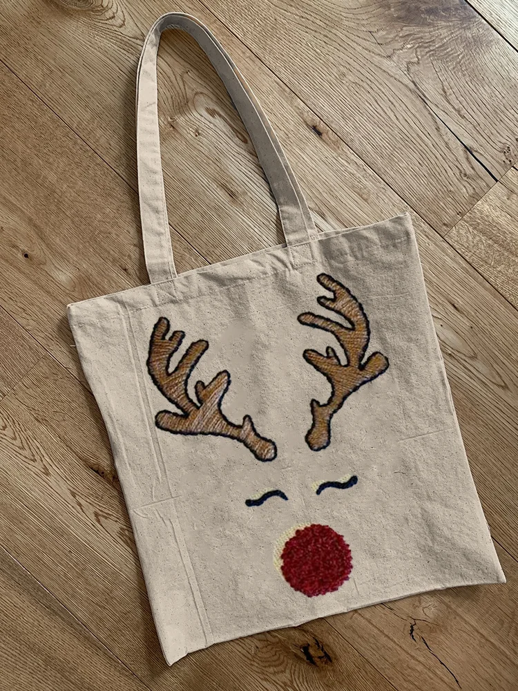 Christmas Reindeer Face Embroidery Art Tote Bag