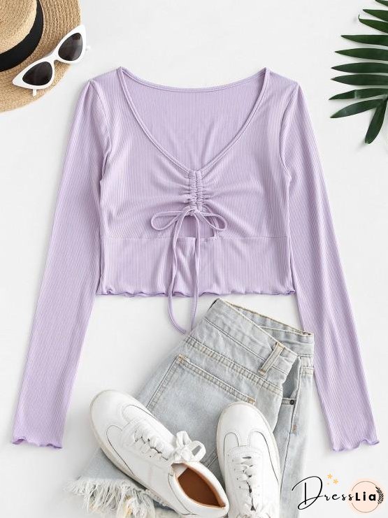 Cut Out Ribbed Cinched Front Tee for Women