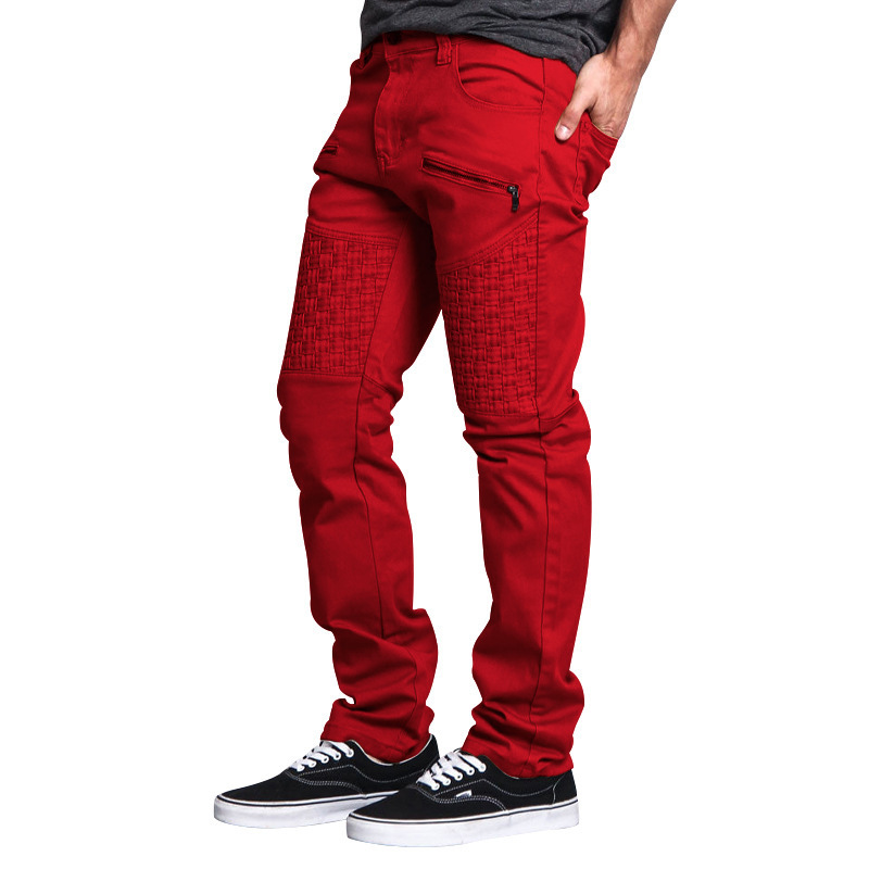 Teezonebest Men's Casual Leather Stitching Trousers Thin Straight Pants