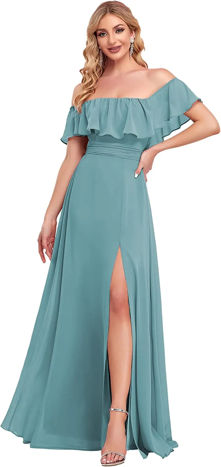 Off Shoulder Ruffle Party Side Split Beach Maxi Dress
