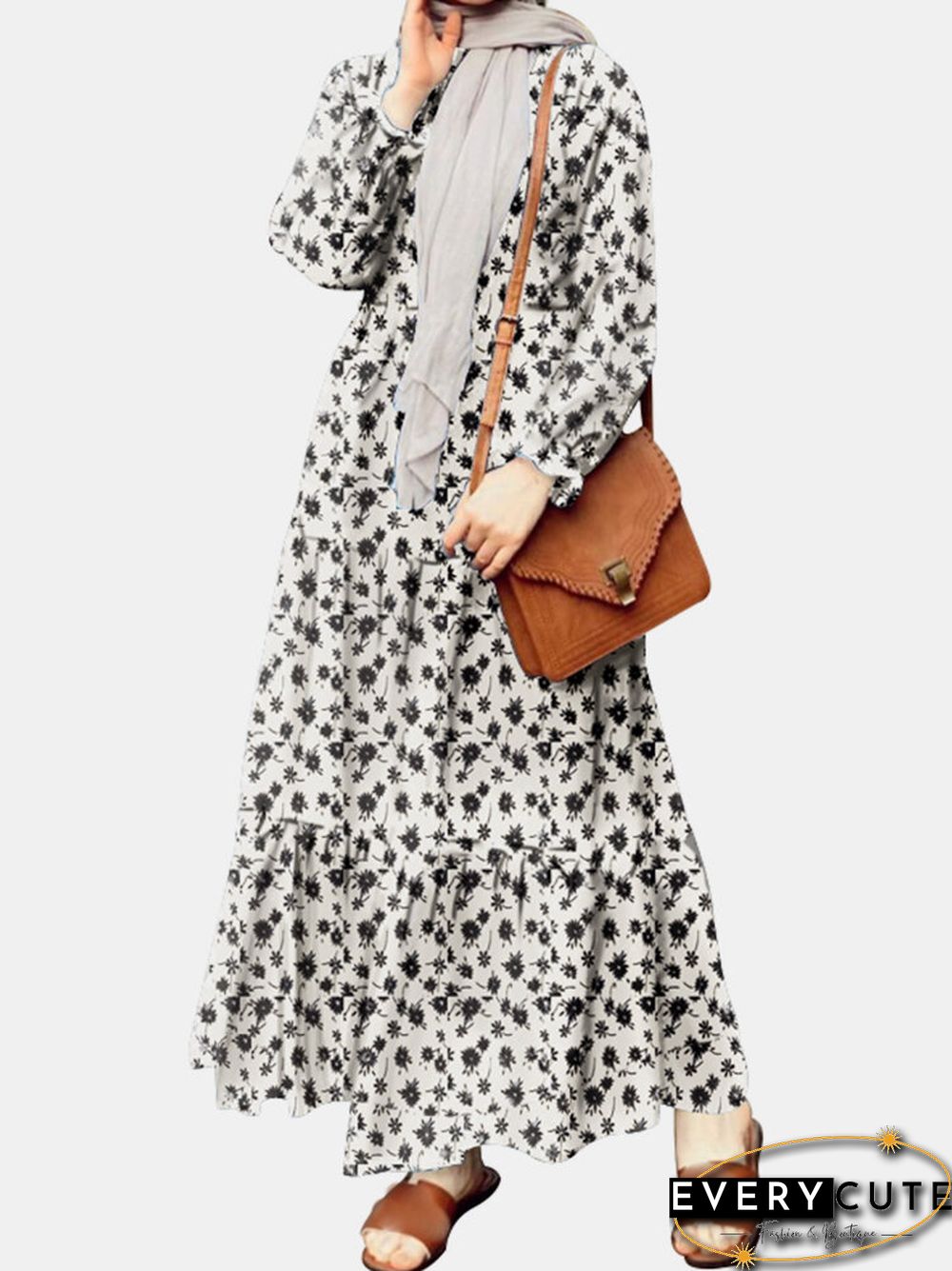 Floral Print Ruffle Long Sleeve Casual Muslim Dress for Women