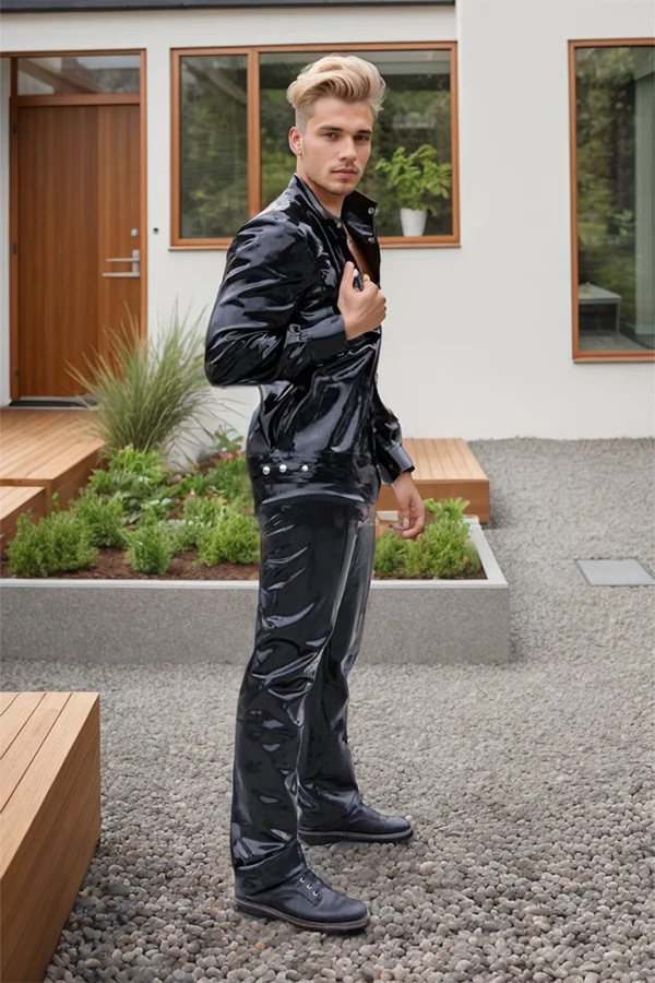 Men's Black Latex Jacket Long-Sleeved Shirt
