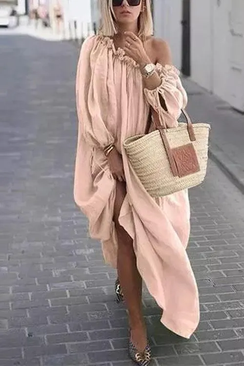 One Shoulder Off Waterfall Dress