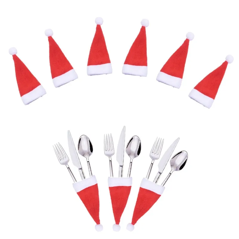 10Pcs Christmas Decorative Tableware Mini Caps Pocket Knife Fork Spoon Holders Christmas Table Decoration for Home Xmas Supplies