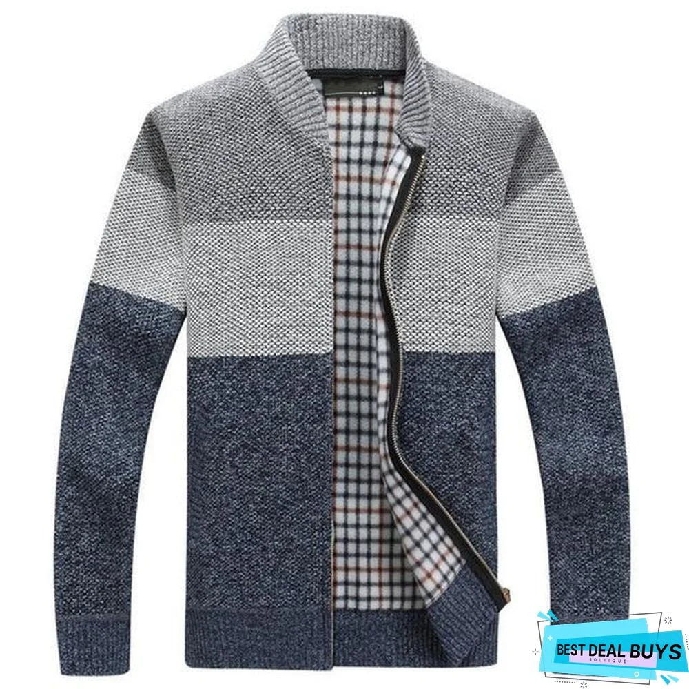 Men Thick Cardigan Coats Gradient Knitted Zipper Jackets